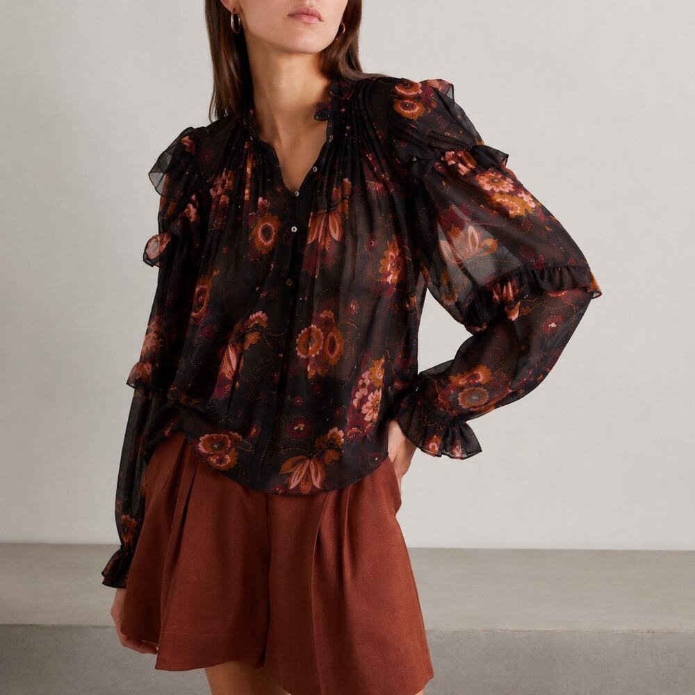 Ulla Johnson Miray‎ Blouse Size 0 Floral Silk Ruffle Sheer Romantic Boho Blouse